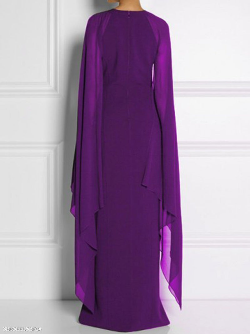 Cape Sleeve High Slit Plain Chiffon Maxi Dress