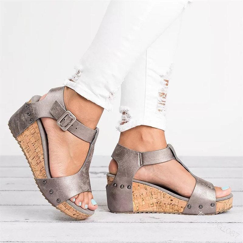 Peep Toe Buckle Strap Wedge Heel Sandals