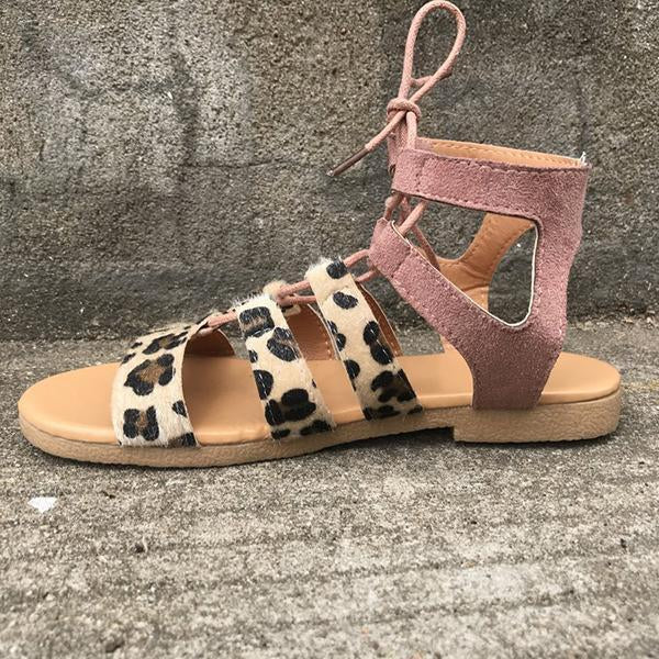 Leopard Patchwrok Lace-up Sandals Peep-toe Shoes