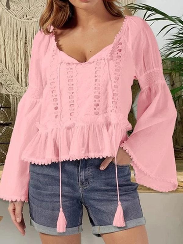 Women Flare sleeve Round Neck Casual Lace Splice Long Sleeve Blouse