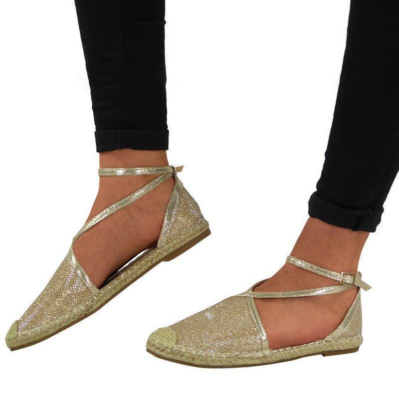 Women Flat Heel Espadrille Shoes Buckle Shining Sandals