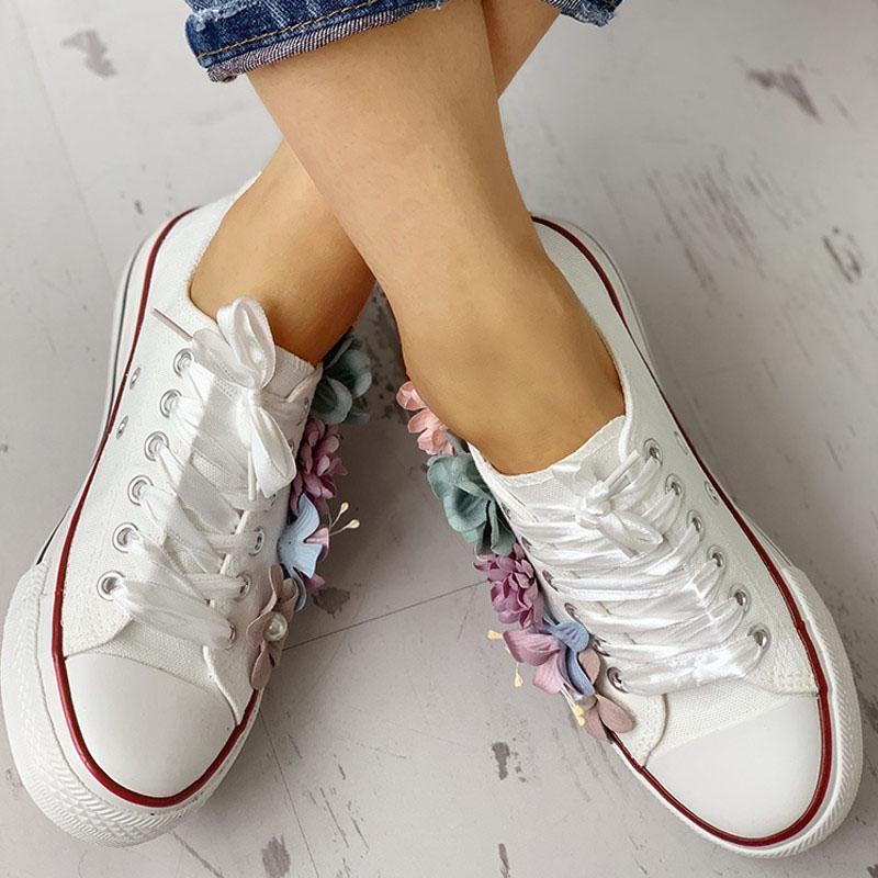 Women Floral Embellished Lace-Up Casual Sneakers