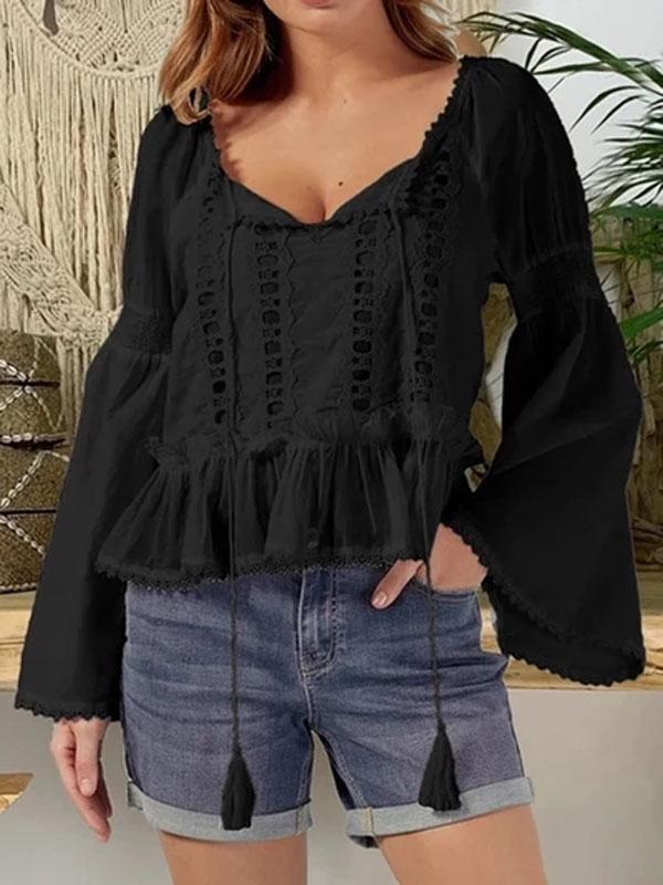 Women Flare sleeve Round Neck Casual Lace Splice Long Sleeve Blouse