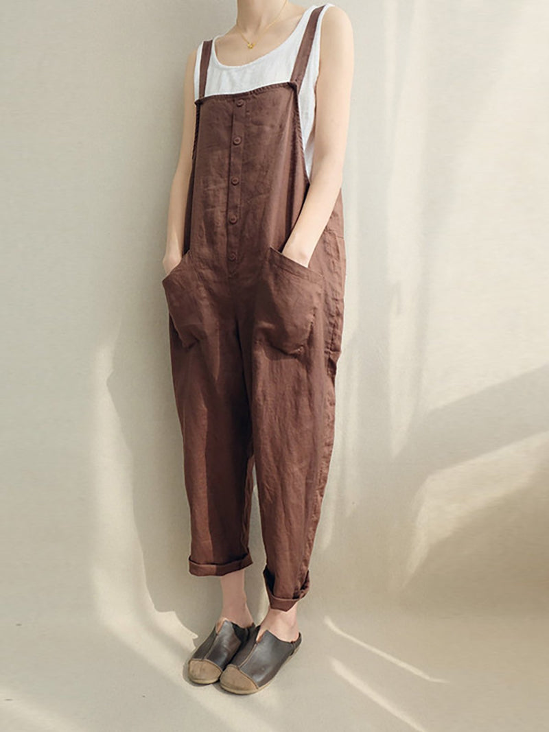 Women Cotton Solid Pockets Plus Size Casual Jumpsuit