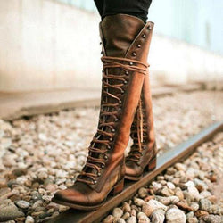 Women Winter Vintage Boots Lace-up Knee-high Shoes