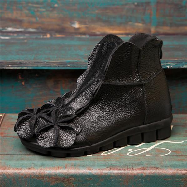 Wo'men Flower Soft Leather Vintage Zipper Flat Ankle Boots