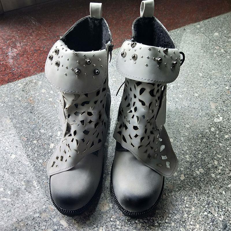 Women Studded Goth Zip Combat Ankle Boots Hollow Carved Tube Buckle Martin Boots